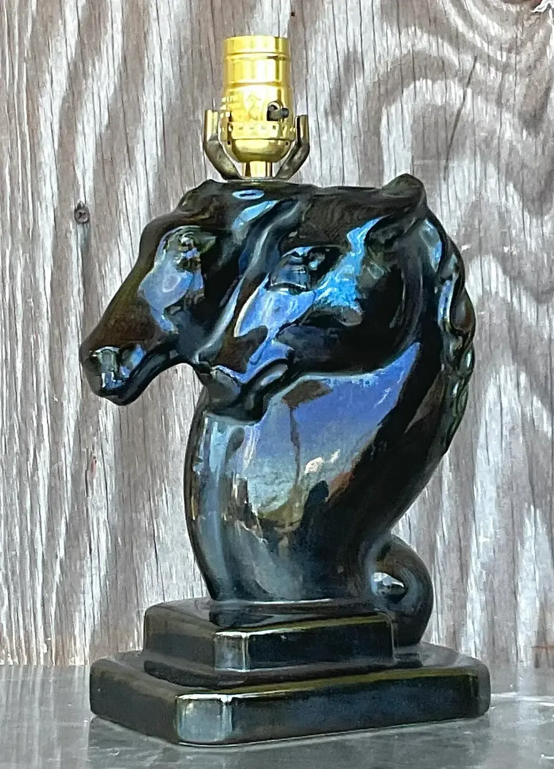 Vintage Boho Glazed Ceramic Double Horse Head Lamp — additional photo 5