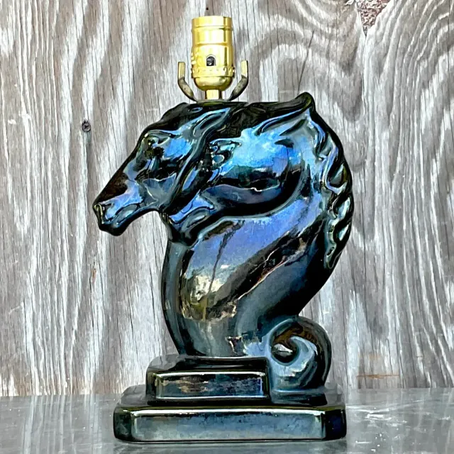 Vintage Boho Glazed Ceramic Double Horse Head Lamp — additional photo 6