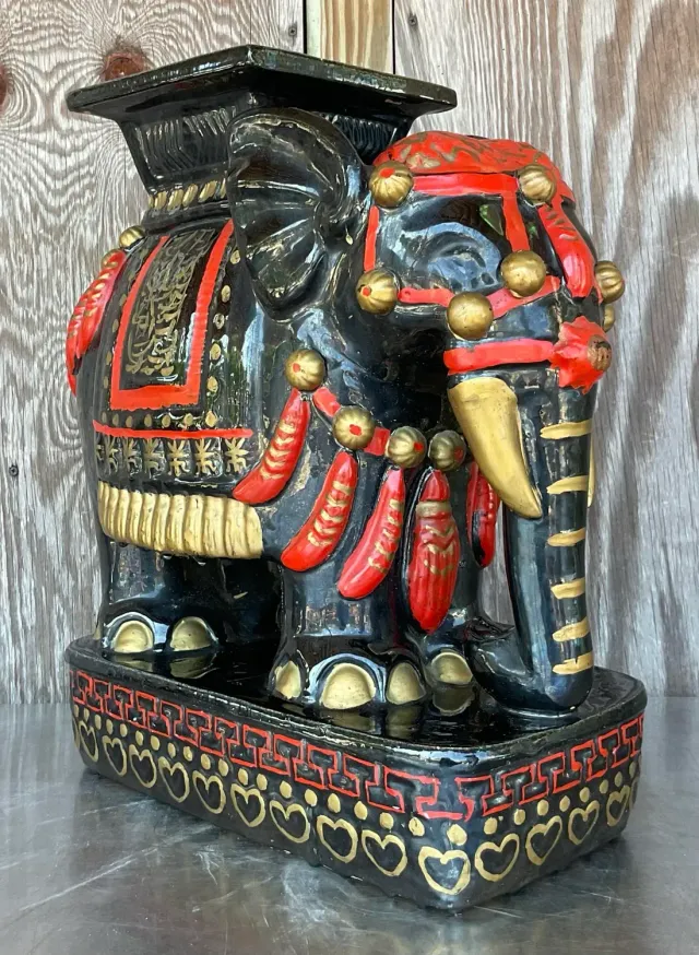Vintage Boho Glazed Ceramic Elephant Low Stool — additional photo 1