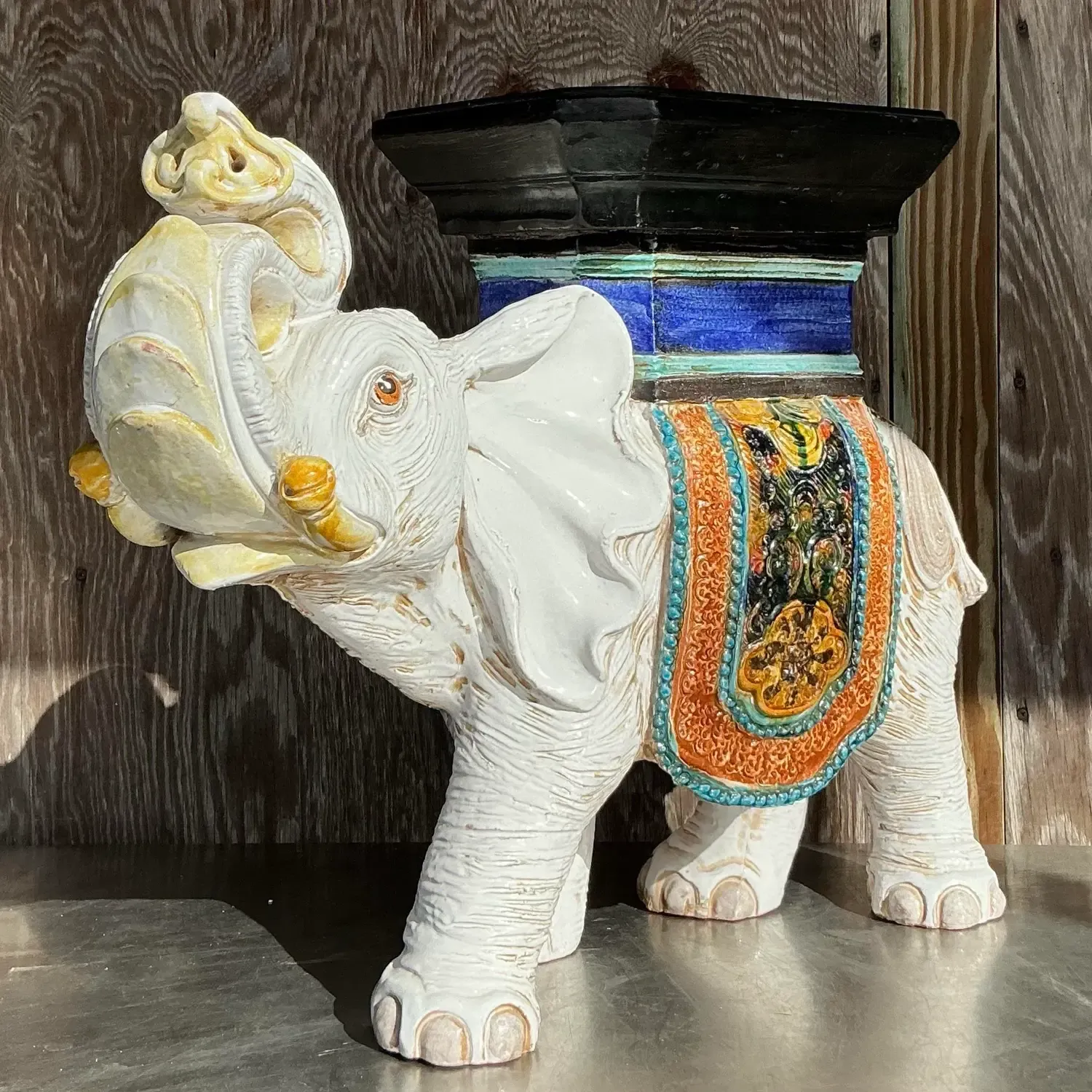 Vintage Boho Glazed Ceramic Elephant Low Stool - Ceramic, 26W x 21.25H — additional photo 1