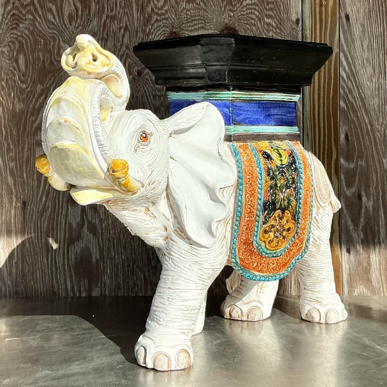 Vintage Boho Glazed Ceramic Elephant Low Stool - Ceramic, 26W x 21.25H — additional photo 3