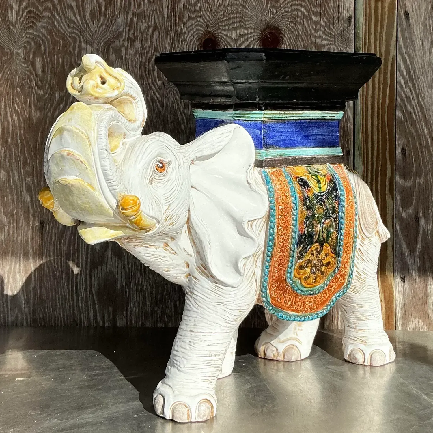 Vintage Boho Glazed Ceramic Elephant Low Stool - Ceramic, 26W x 21.25H — additional photo 2