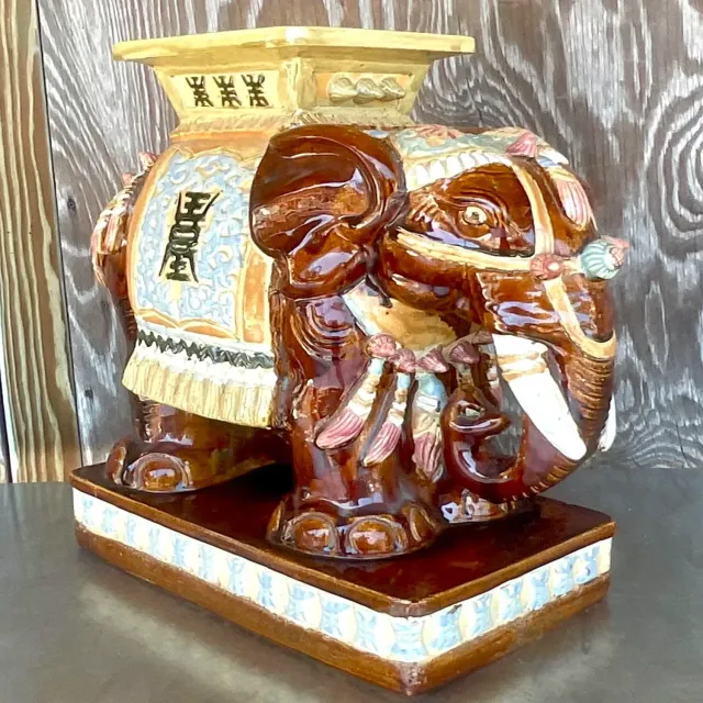 Vintage Boho Glazed Ceramic Elephant Stool — additional photo 1