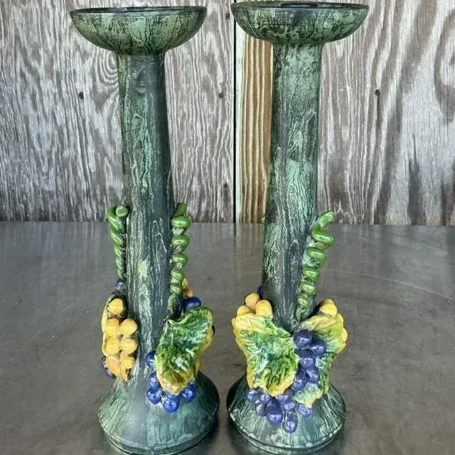 Vintage Boho Glazed Ceramic Grapes Candlesticks - a Pair — additional photo 1
