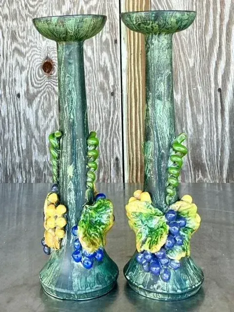 Vintage Boho Glazed Ceramic Grapes Candlesticks - a Pair — additional photo 3