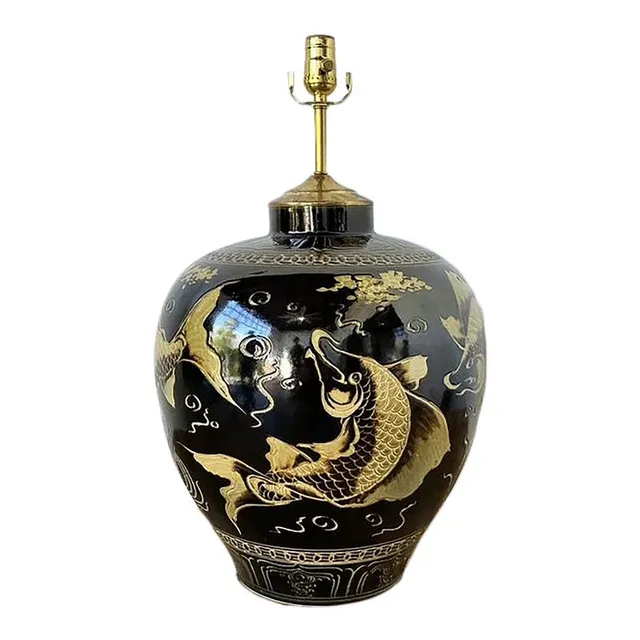 Vintage Boho Glazed Ceramic Koi Lamp — additional photo 4