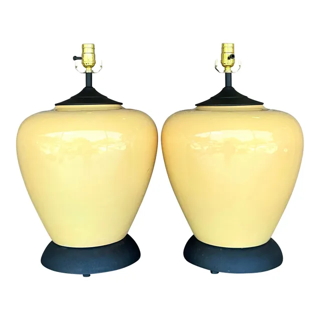 Vintage Boho Glazed Ceramic Lamps - A Pair - Brass, 13W x 21H — additional photo 1
