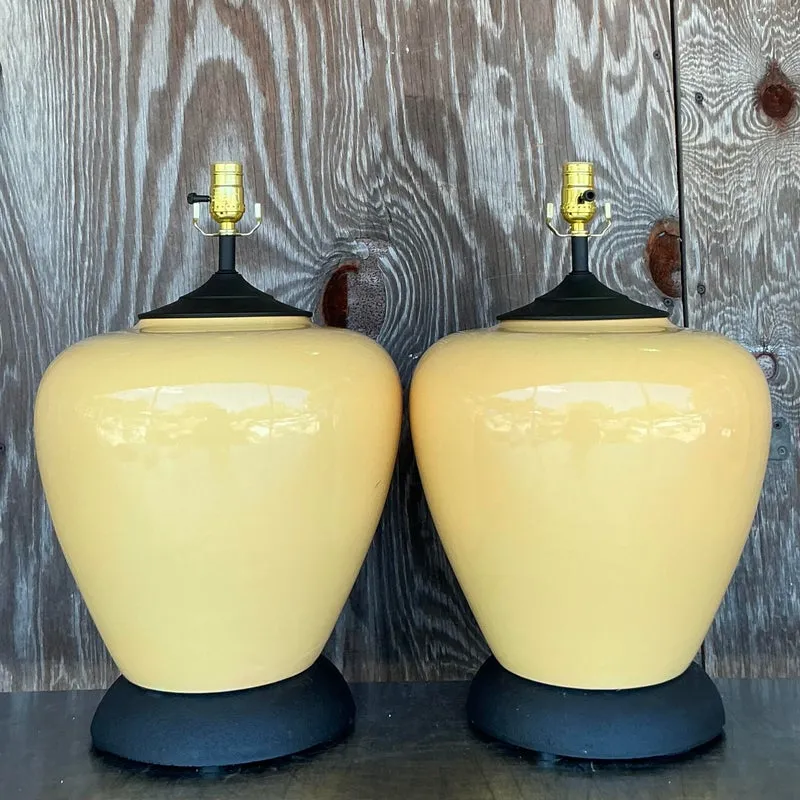 Vintage Boho Glazed Ceramic Lamps - A Pair - Brass, 13W x 21H — additional photo 2