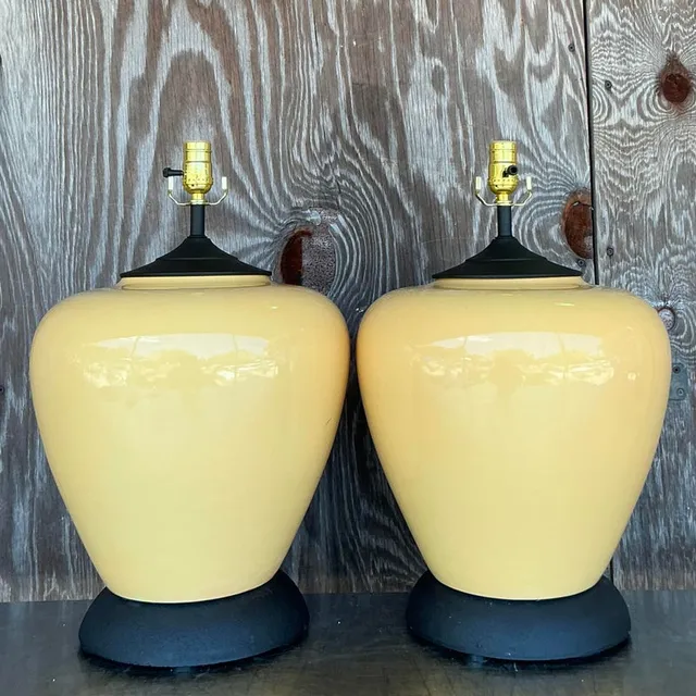 Vintage Boho Glazed Ceramic Lamps - A Pair - Brass, 13W x 21H — additional photo 2