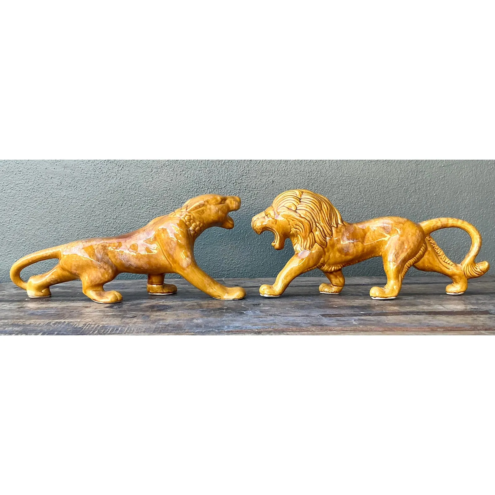 Vintage Boho Glazed Ceramic Lions - Set of 2