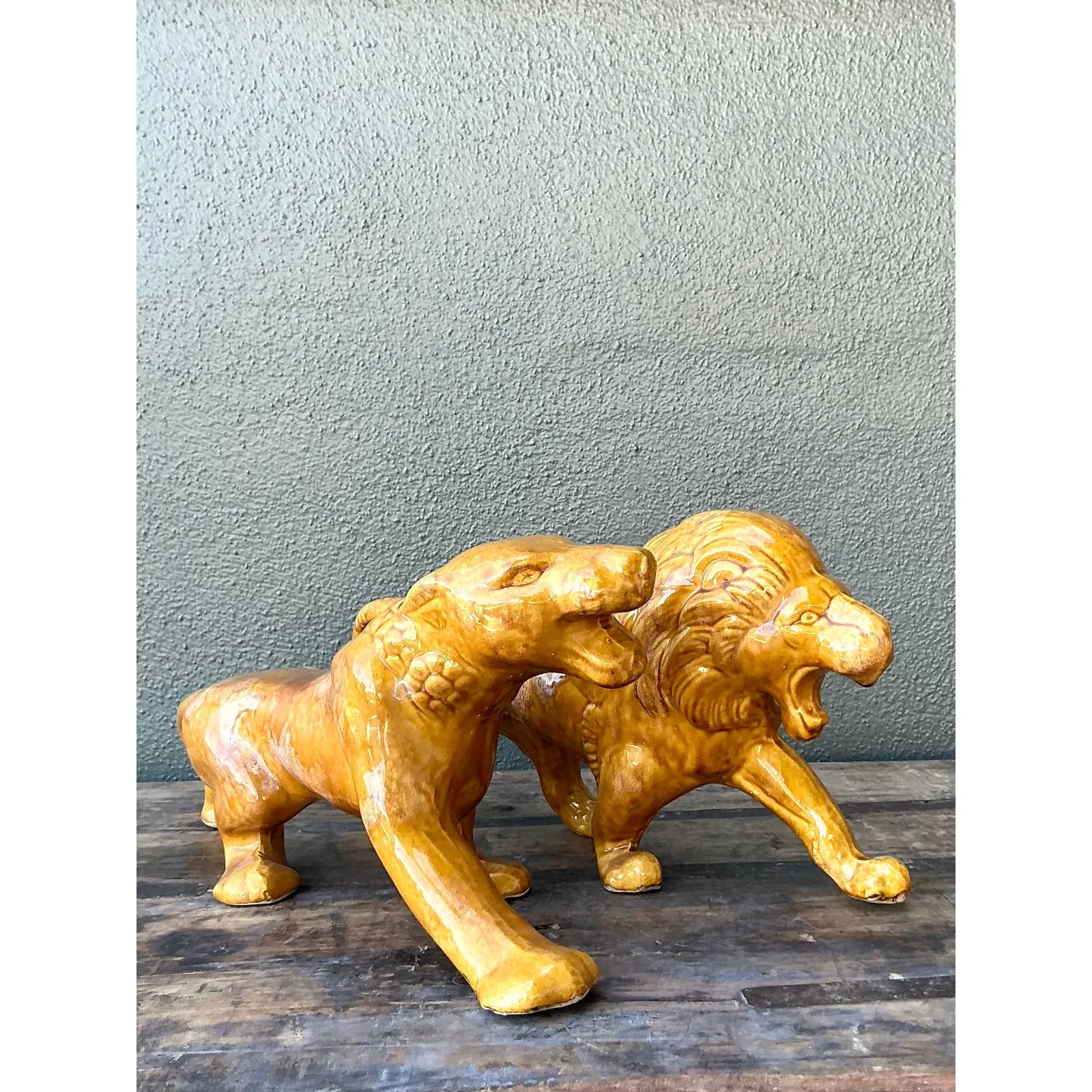 Vintage Boho Glazed Ceramic Lions - Set of 2 — additional photo 2
