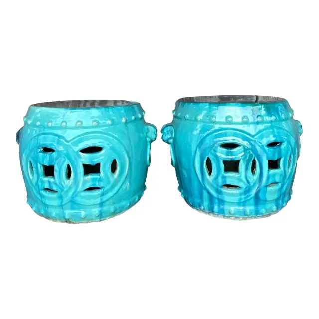 Vintage Boho Glazed Ceramic Low Stools - a Pair — additional photo 1