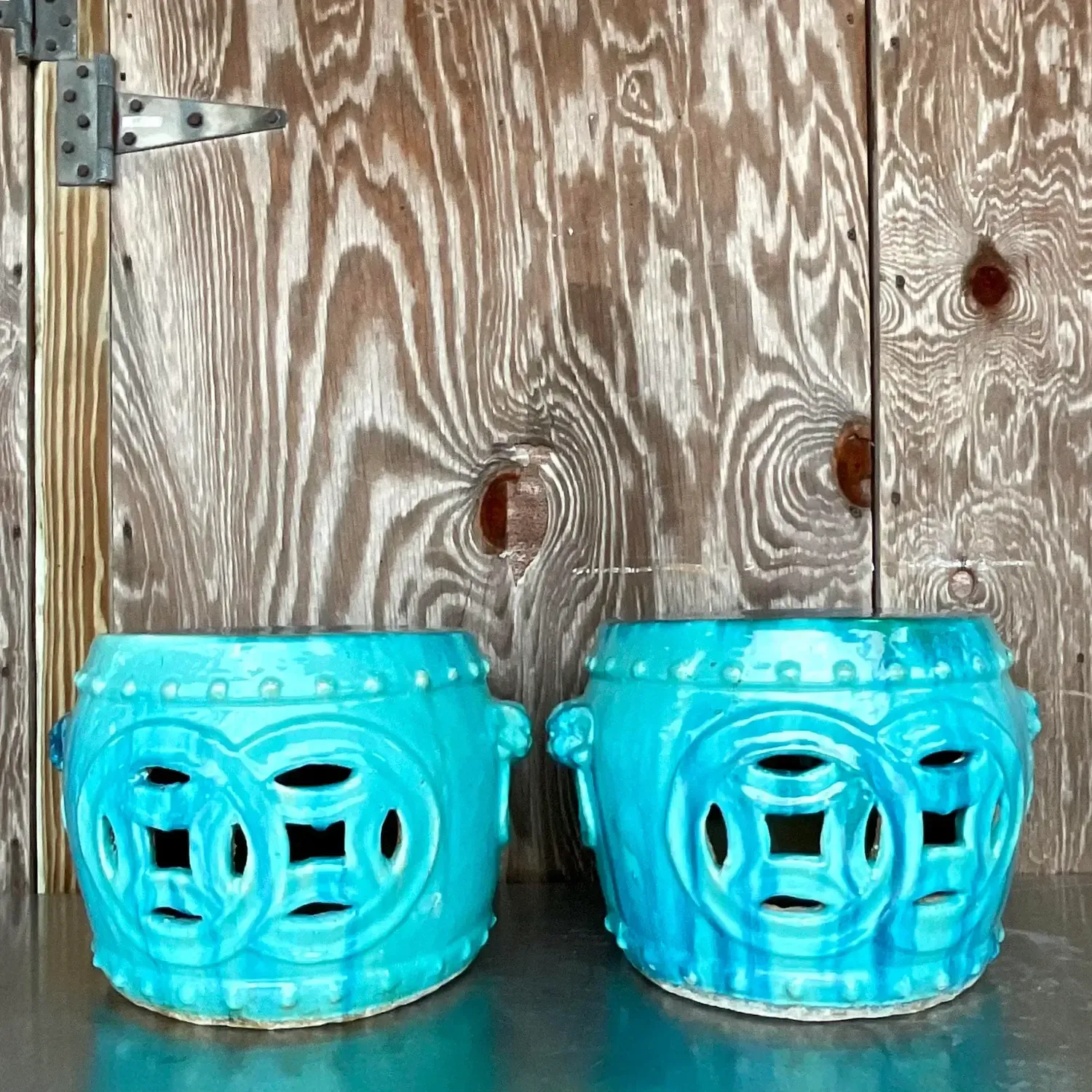 Vintage Boho Glazed Ceramic Low Stools - a Pair — additional photo 2