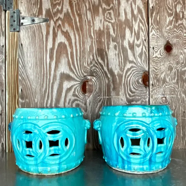 Vintage Boho Glazed Ceramic Low Stools - a Pair — additional photo 2