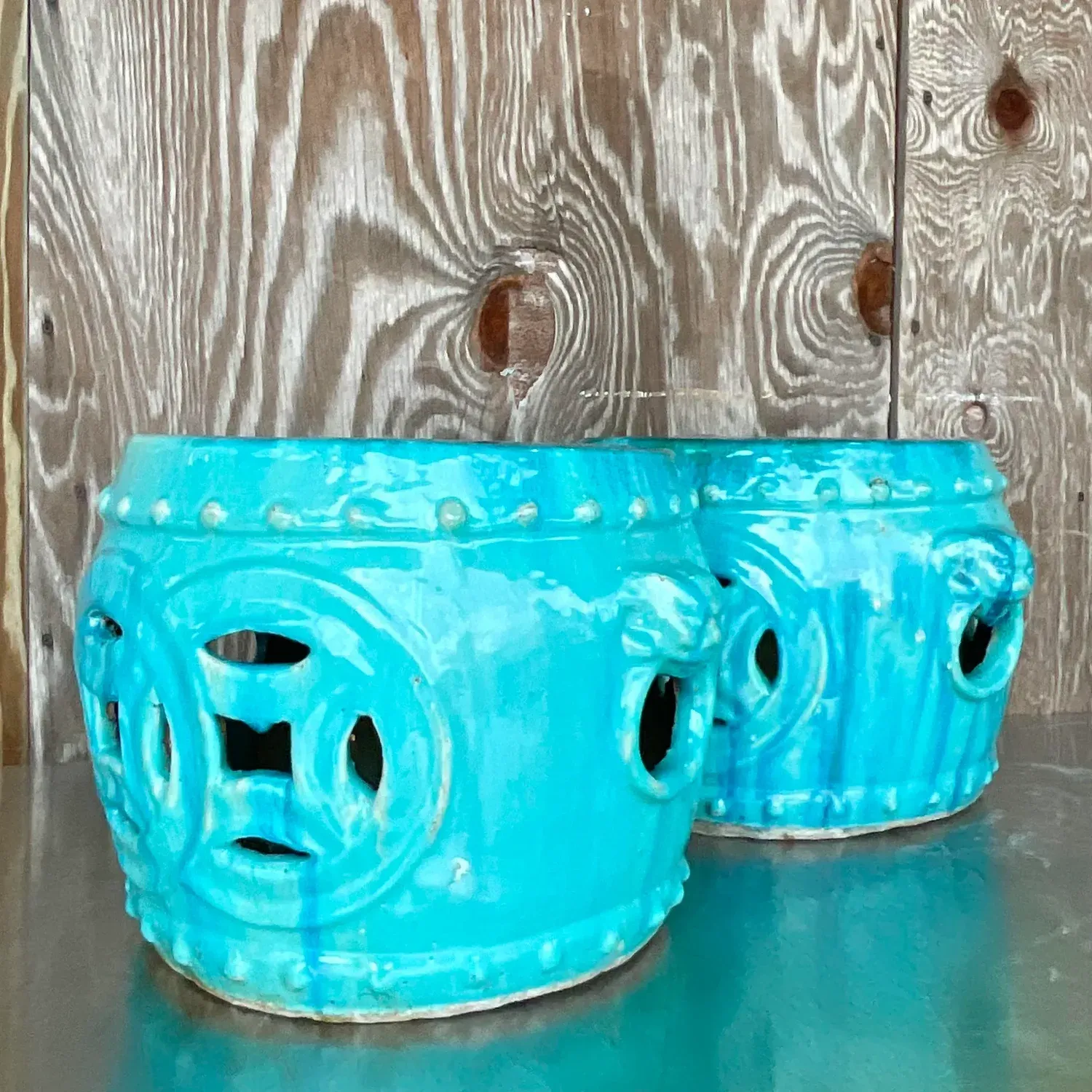 Vintage Boho Glazed Ceramic Low Stools - a Pair — additional photo 4