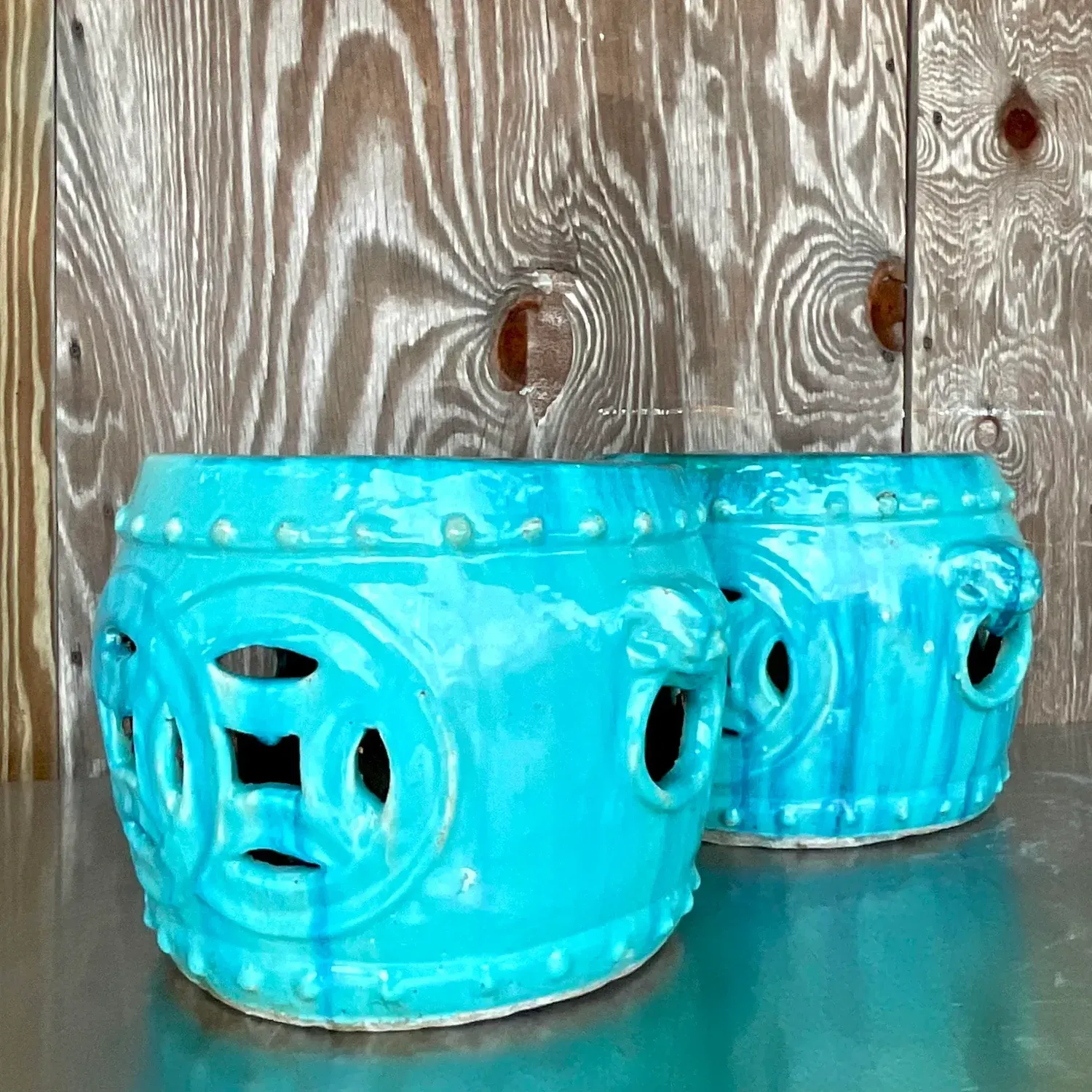 Vintage Boho Glazed Ceramic Low Stools - a Pair — additional photo 5