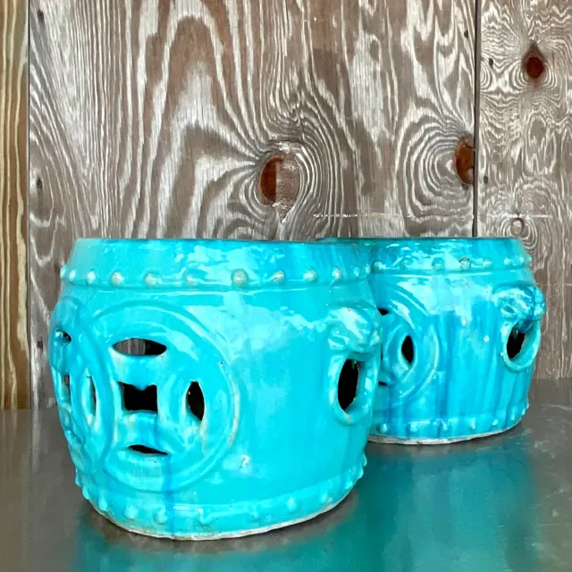 Vintage Boho Glazed Ceramic Low Stools - a Pair — additional photo 5