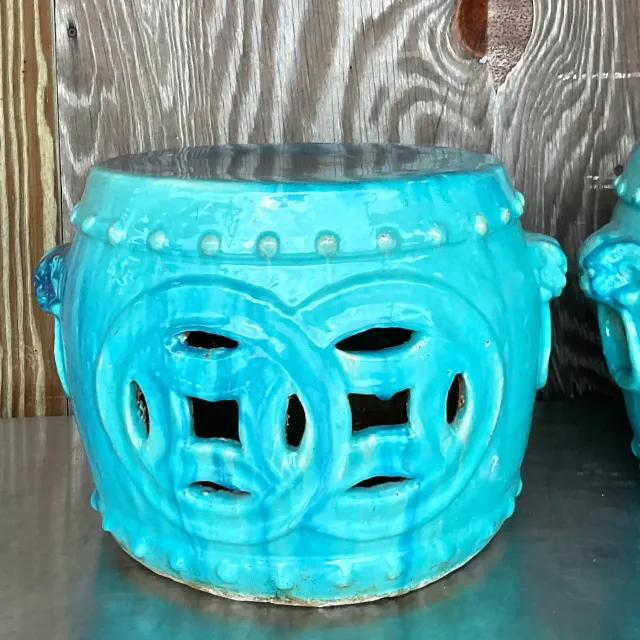 Vintage Boho Glazed Ceramic Low Stools - a Pair — additional photo 6
