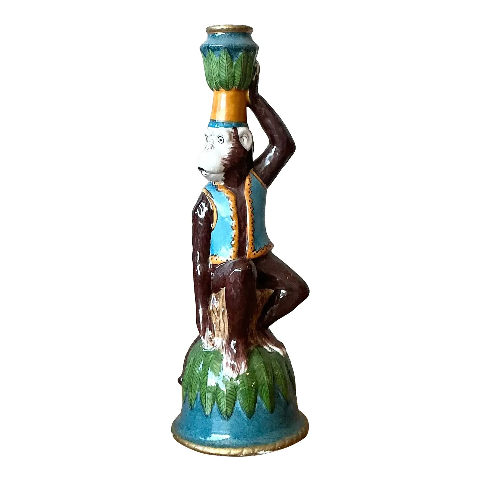 Vintage Boho Glazed Ceramic Monkey Candlestick