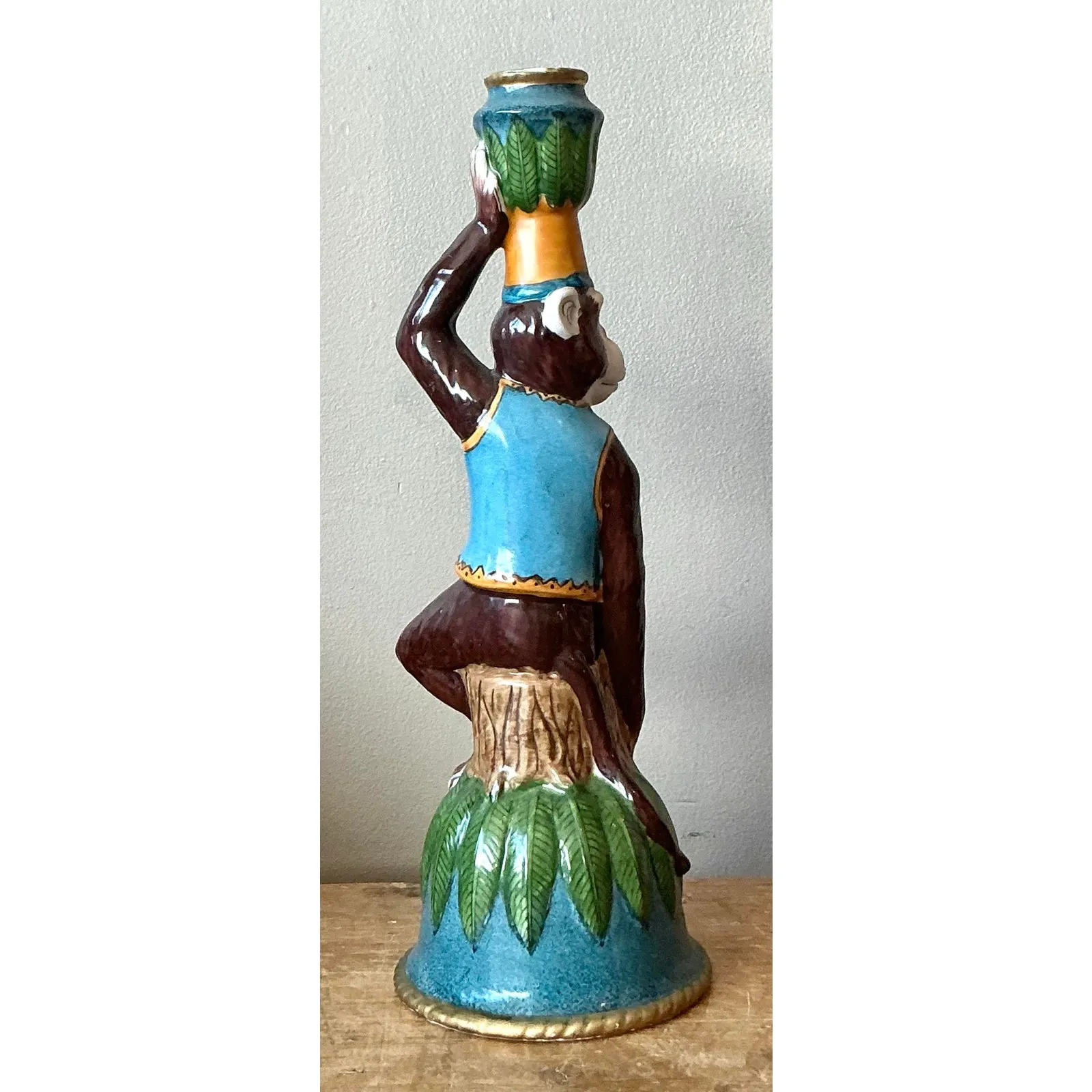 Vintage Boho Glazed Ceramic Monkey Candlestick — additional photo 2