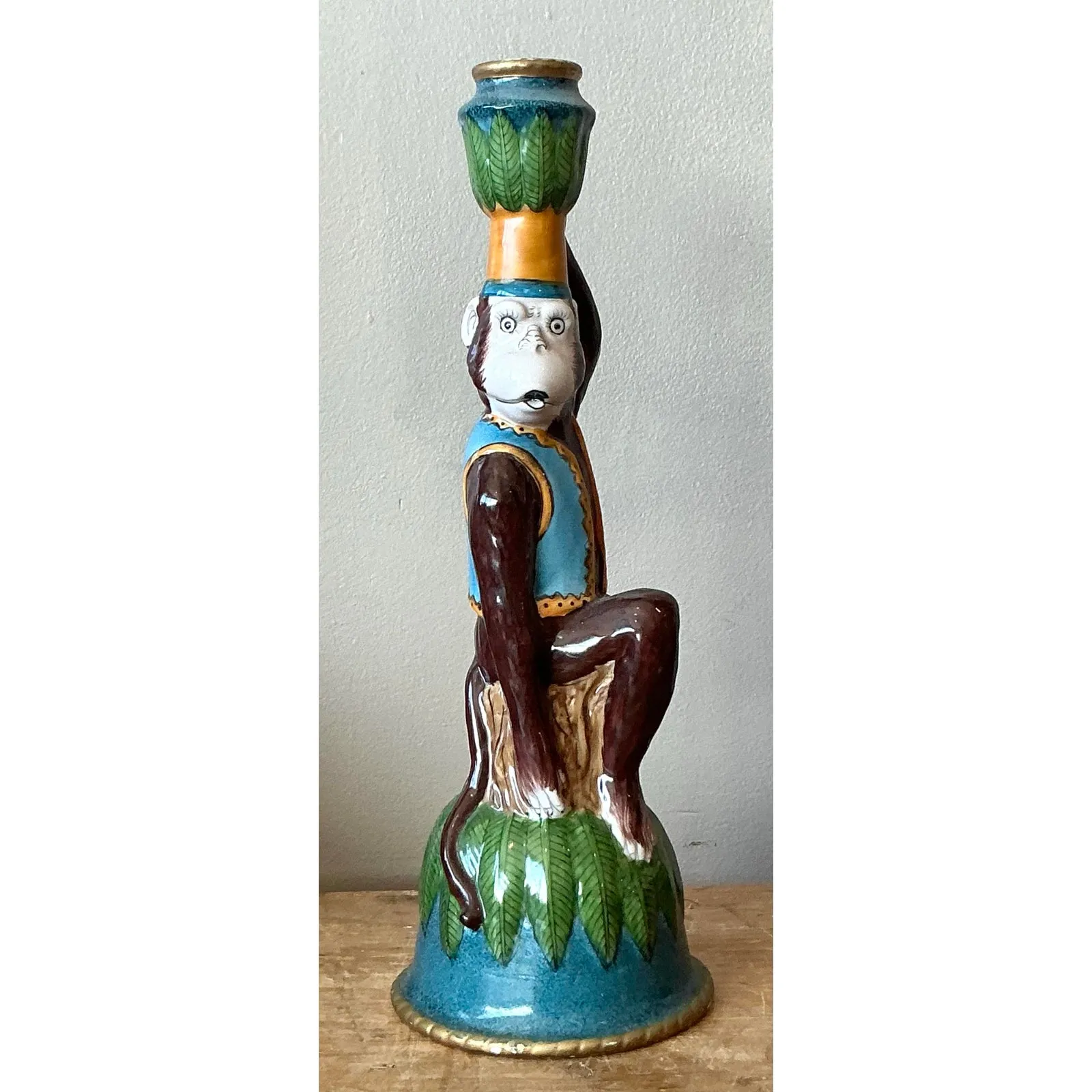 Vintage Boho Glazed Ceramic Monkey Candlestick — additional photo 3