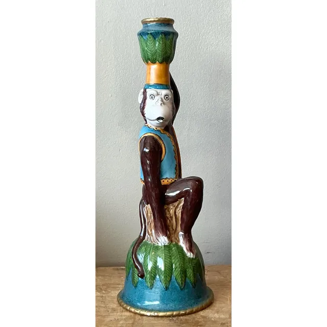 Vintage Boho Glazed Ceramic Monkey Candlestick — additional photo 3