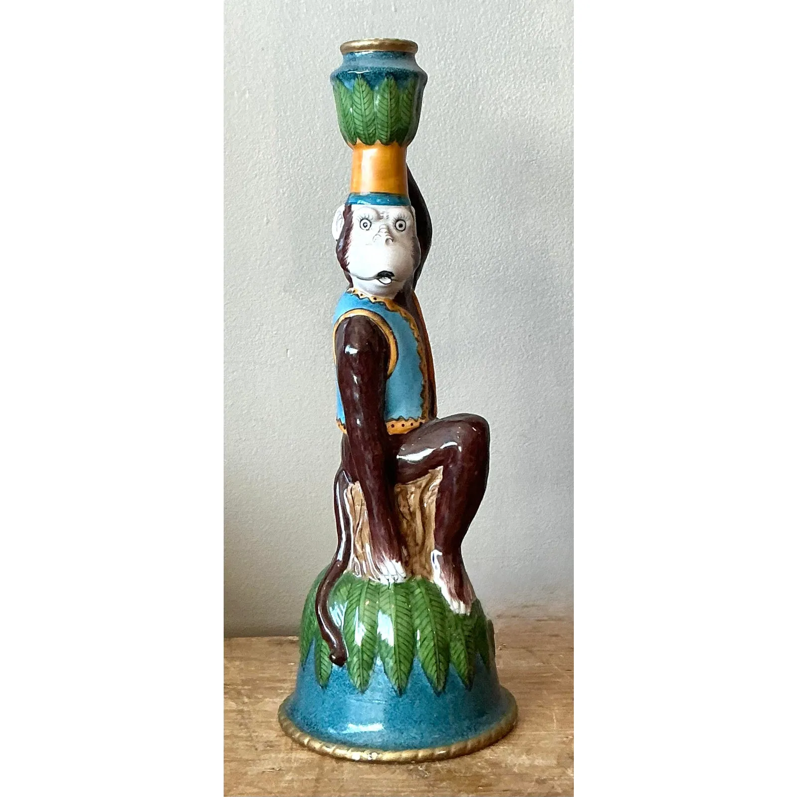 Vintage Boho Glazed Ceramic Monkey Candlestick — additional photo 4