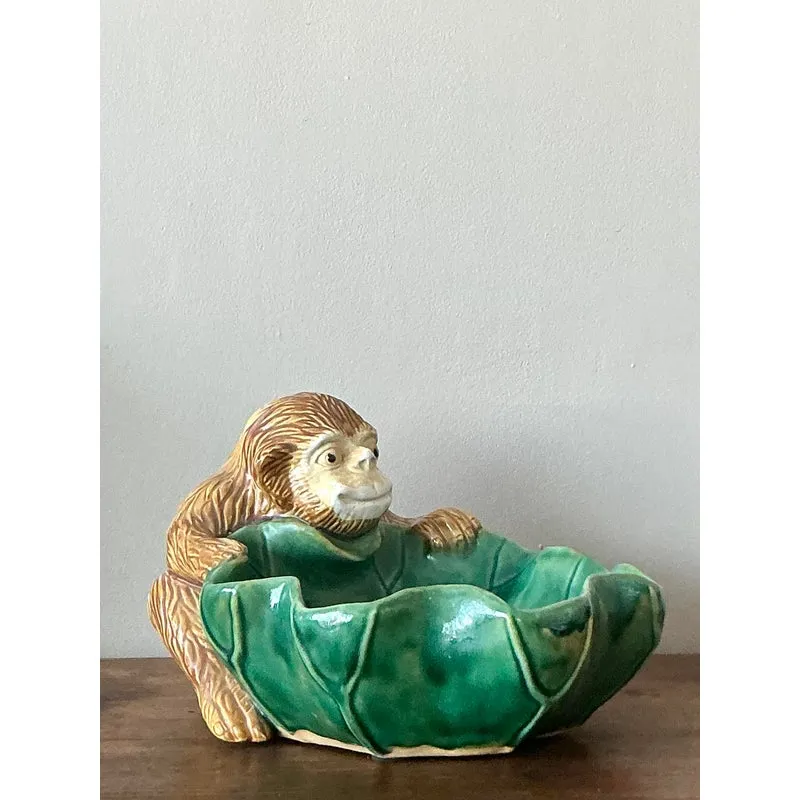 Vintage Boho Glazed Ceramic Monkey Centerpiece Bowl — additional photo 2