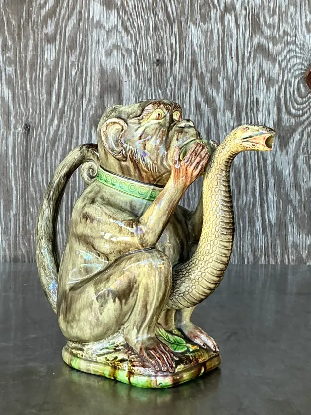 Vintage Boho Glazed Ceramic Monkey Pitcher — additional photo 1