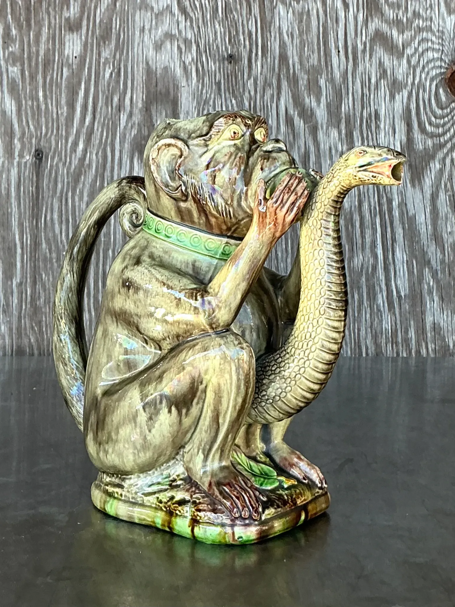 Vintage Boho Glazed Ceramic Monkey Pitcher — additional photo 2
