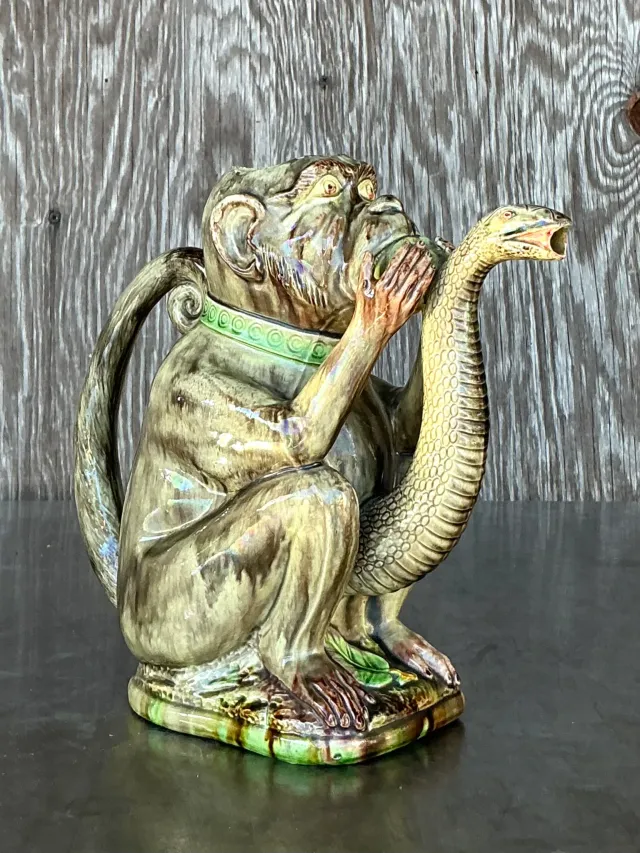 Vintage Boho Glazed Ceramic Monkey Pitcher — additional photo 2