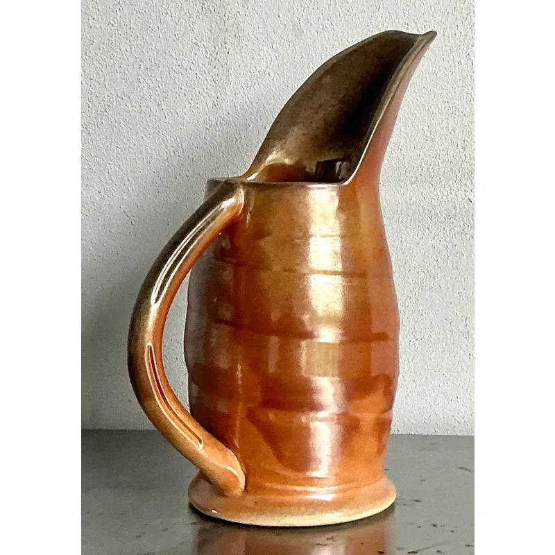 Vintage Boho Glazed Ceramic Pitcher — additional photo 2