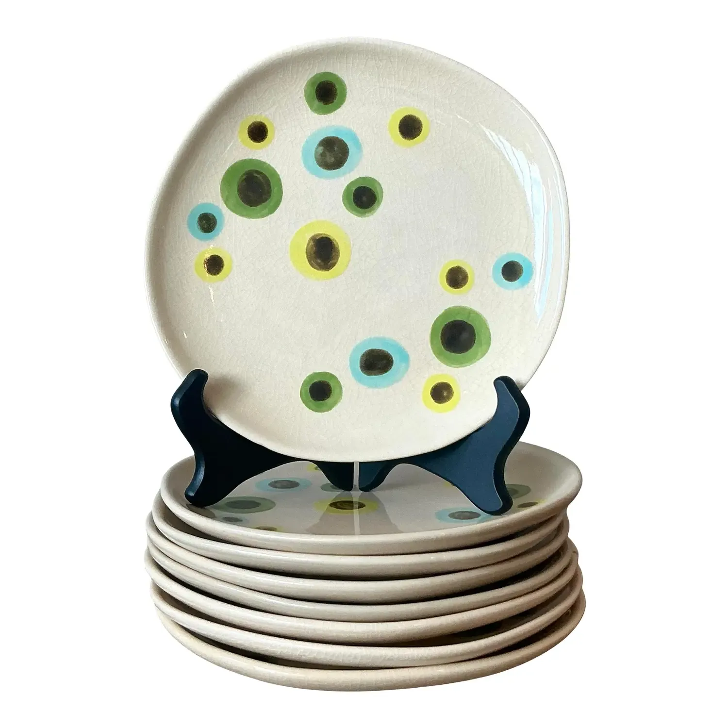 Vintage Boho Glazed Ceramic Polka Dot Plates - Set of 8 — additional photo 4