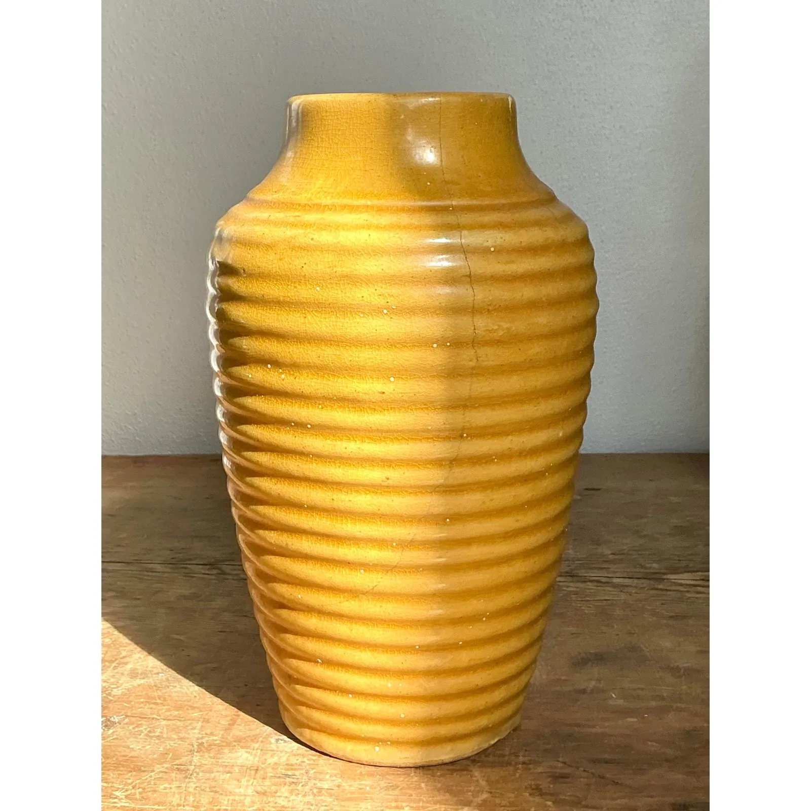 Vintage Boho Glazed Ceramic Ribbed Vase