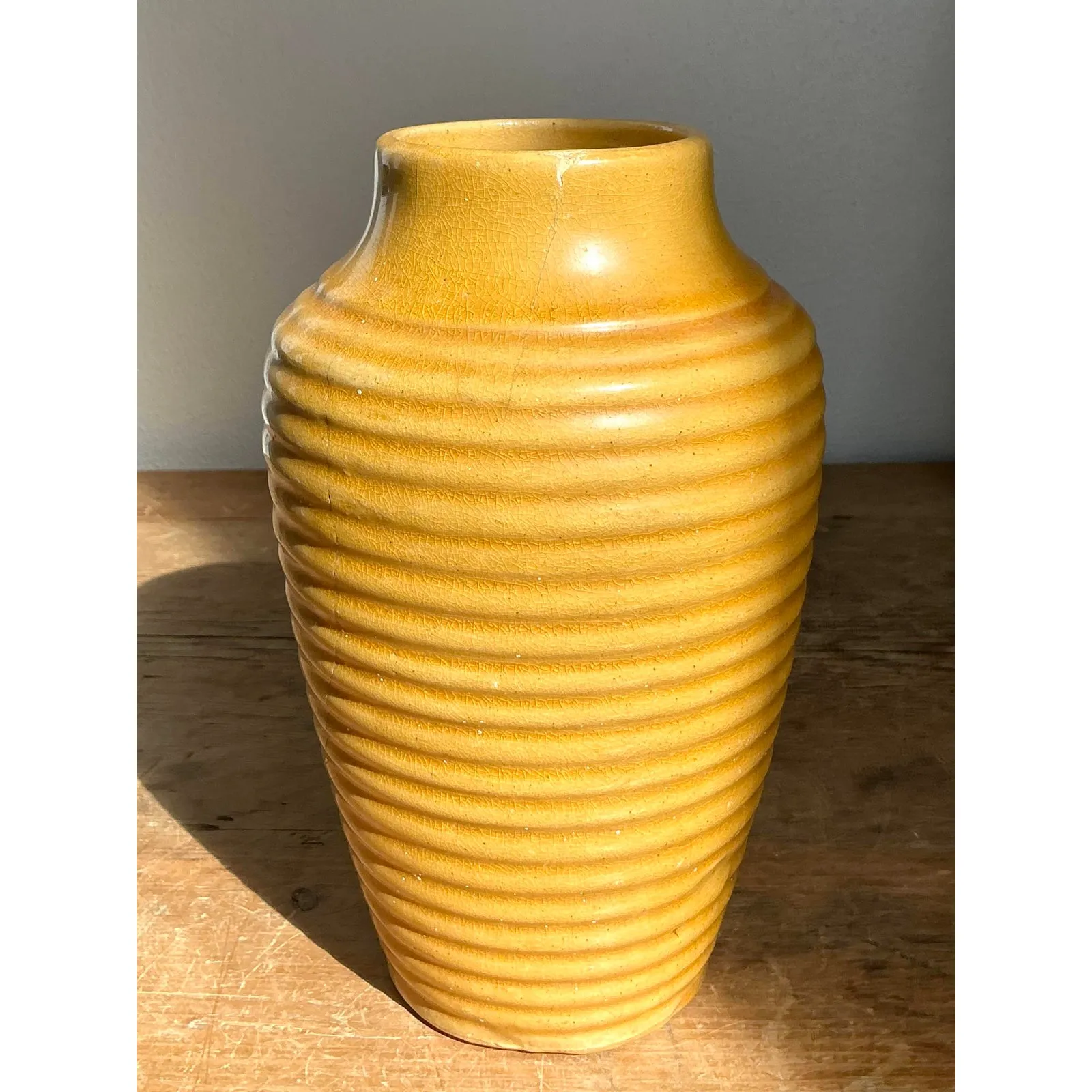 Vintage Boho Glazed Ceramic Ribbed Vase — additional photo 1