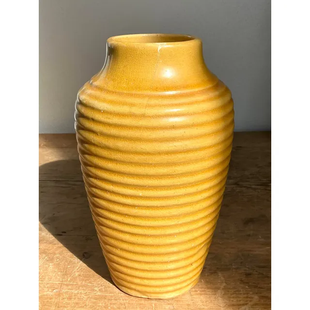 Vintage Boho Glazed Ceramic Ribbed Vase — additional photo 1