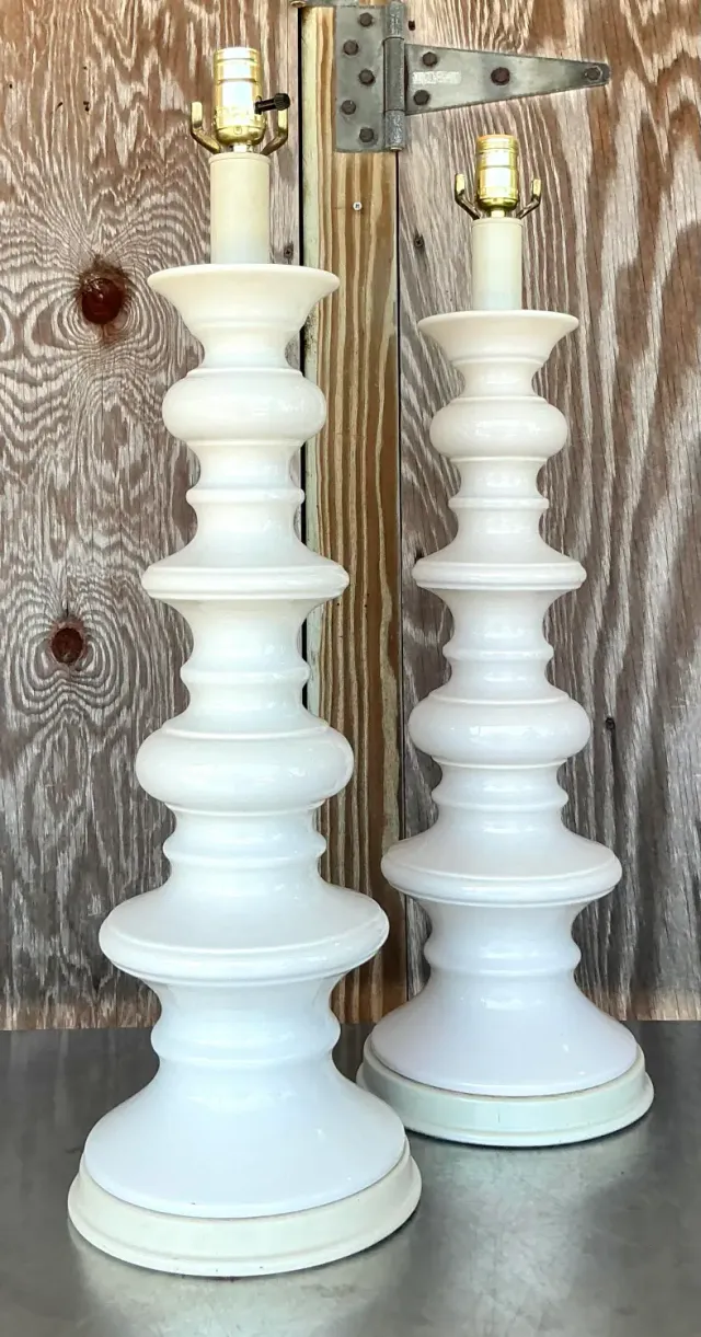 Vintage Boho Glazed Ceramic Spool Lamps - a Pair — additional photo 1