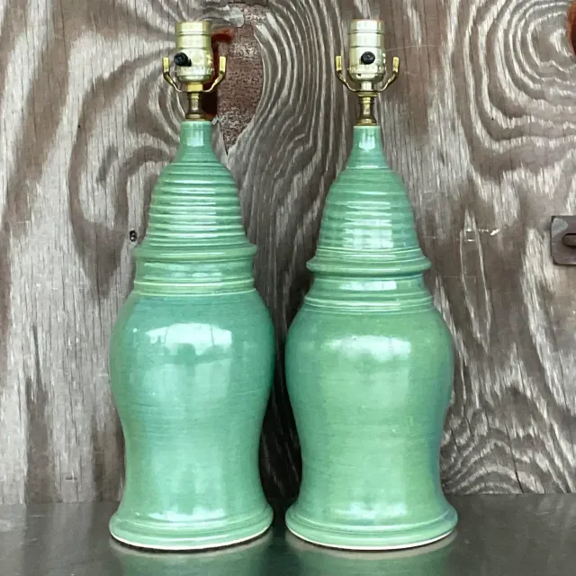 Vintage Boho Glazed Ceramic Table Lamps - a Pair — additional photo 1