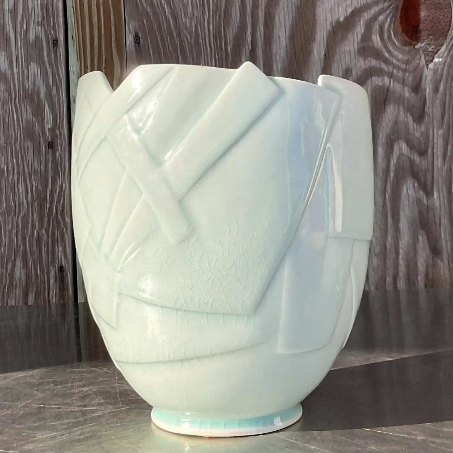 Vintage Boho Glazed Ceramic Vase - Ceramic, 8W x 9.5H — additional photo 1