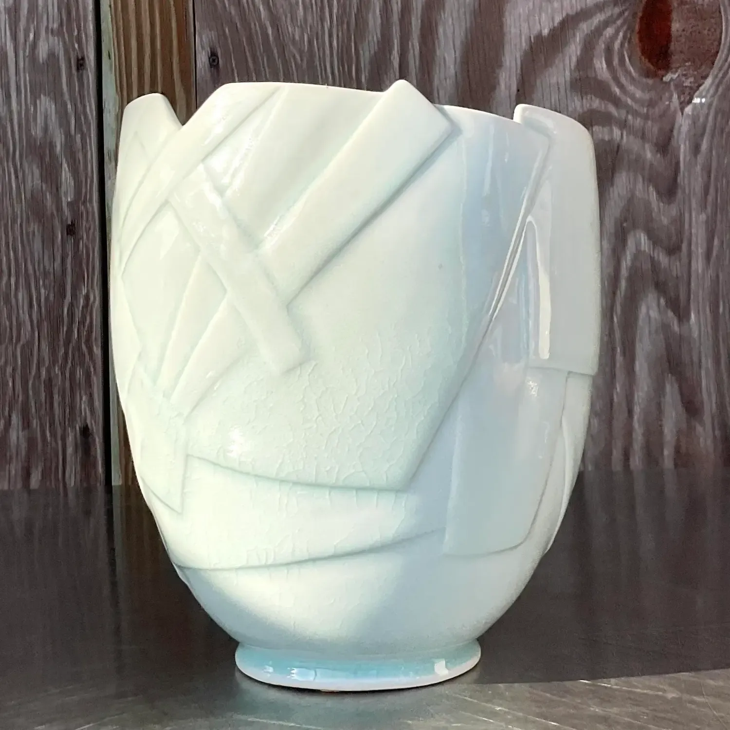 Vintage Boho Glazed Ceramic Vase - Ceramic, 8W x 9.5H — additional photo 3