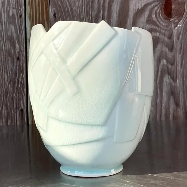 Vintage Boho Glazed Ceramic Vase - Ceramic, 8W x 9.5H — additional photo 3