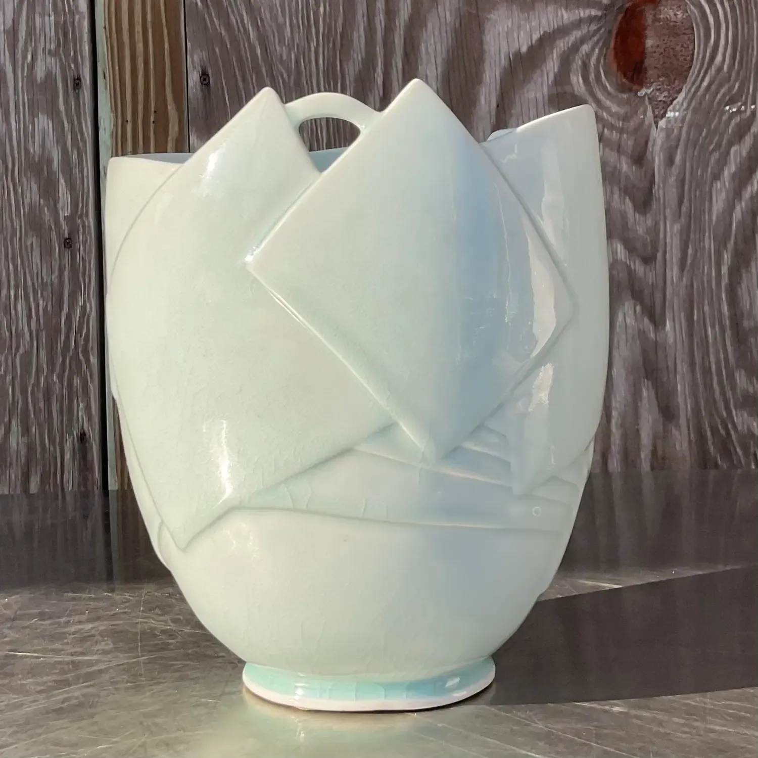 Vintage Boho Glazed Ceramic Vase - Ceramic, 8W x 9.5H — additional photo 4