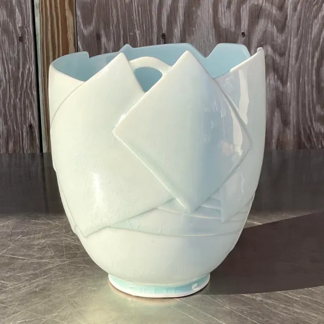 Vintage Boho Glazed Ceramic Vase - Ceramic, 8W x 9.5H — additional photo 6