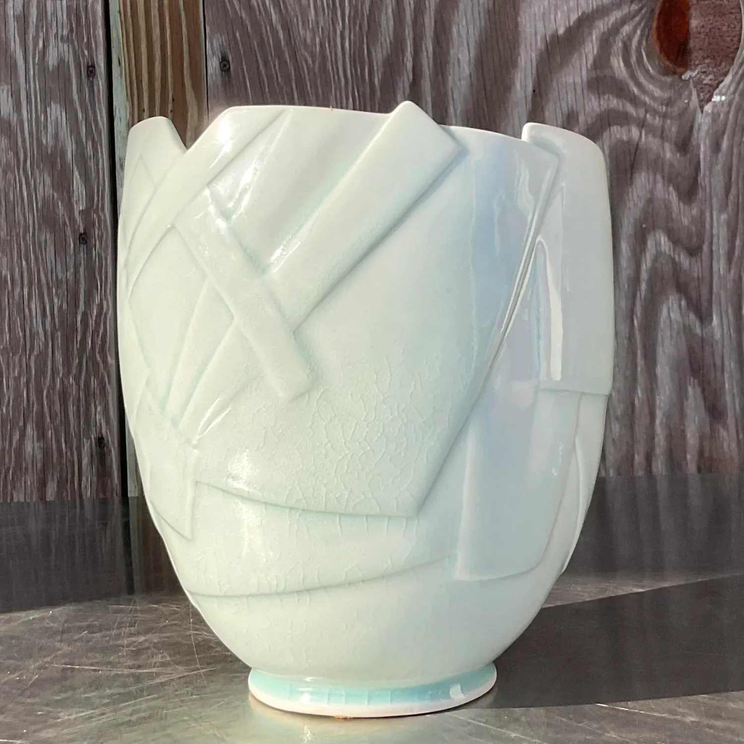 Vintage Boho Glazed Ceramic Vase - Ceramic, 8W x 9.5H — additional photo 8
