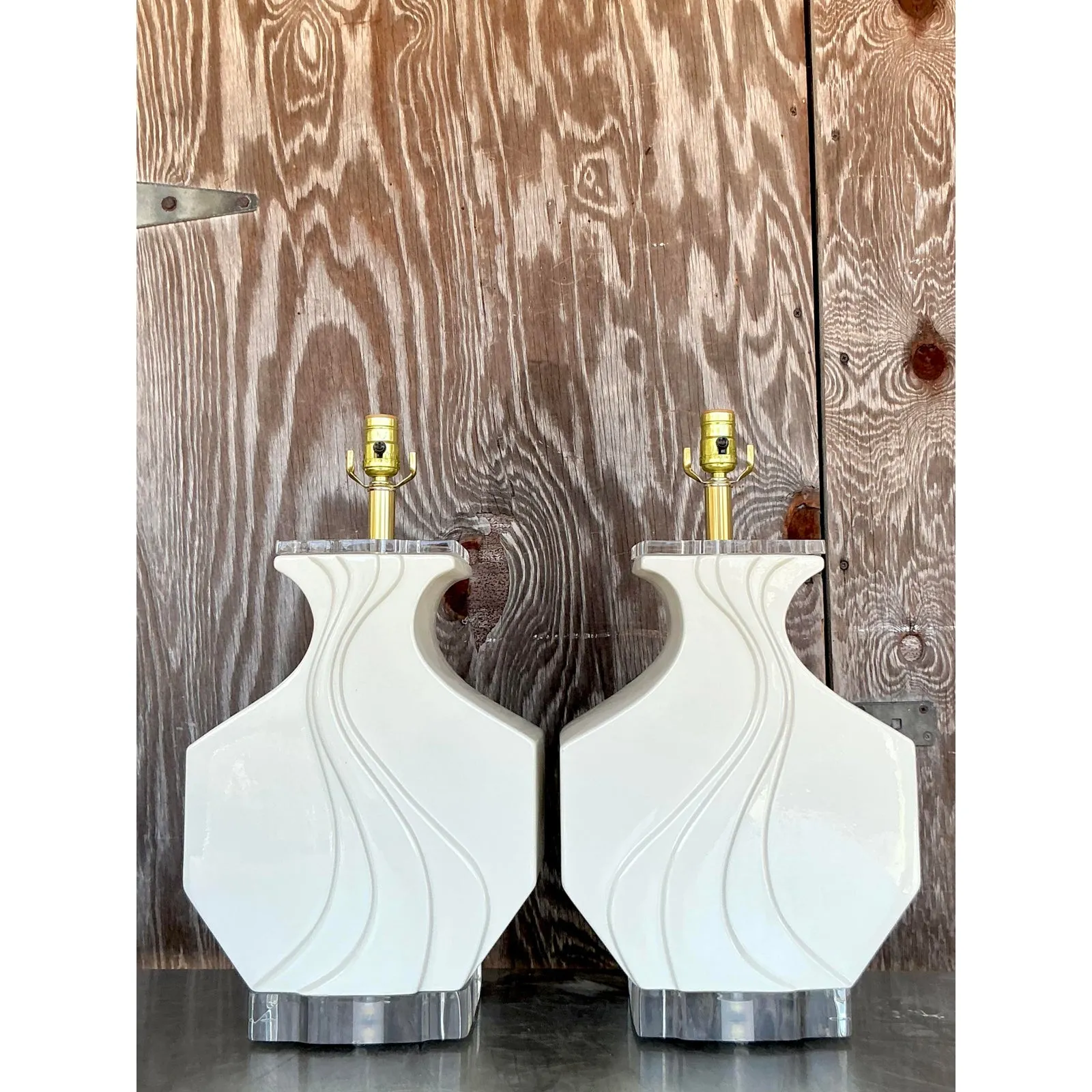 Vintage Boho Glazed Ceramic Wave Lamps - A Pair — additional photo 3