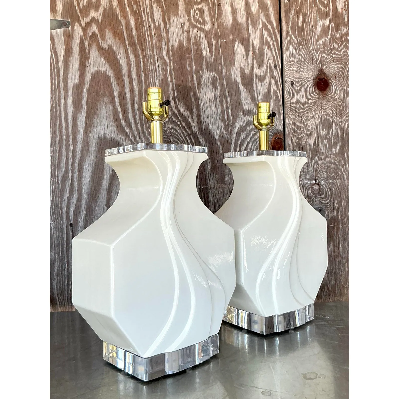 Vintage Boho Glazed Ceramic Wave Lamps - A Pair — additional photo 4