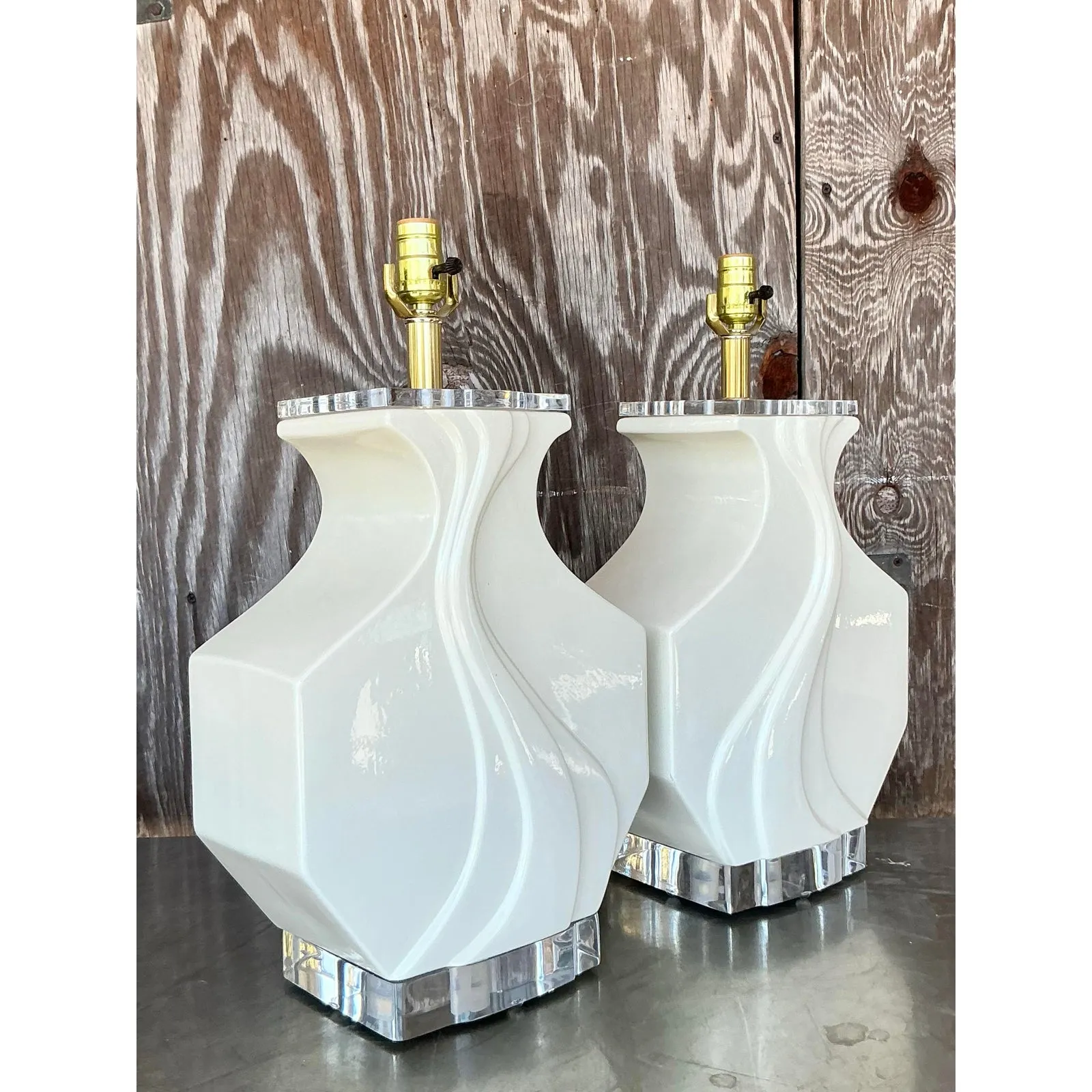 Vintage Boho Glazed Ceramic Wave Lamps - A Pair — additional photo 6