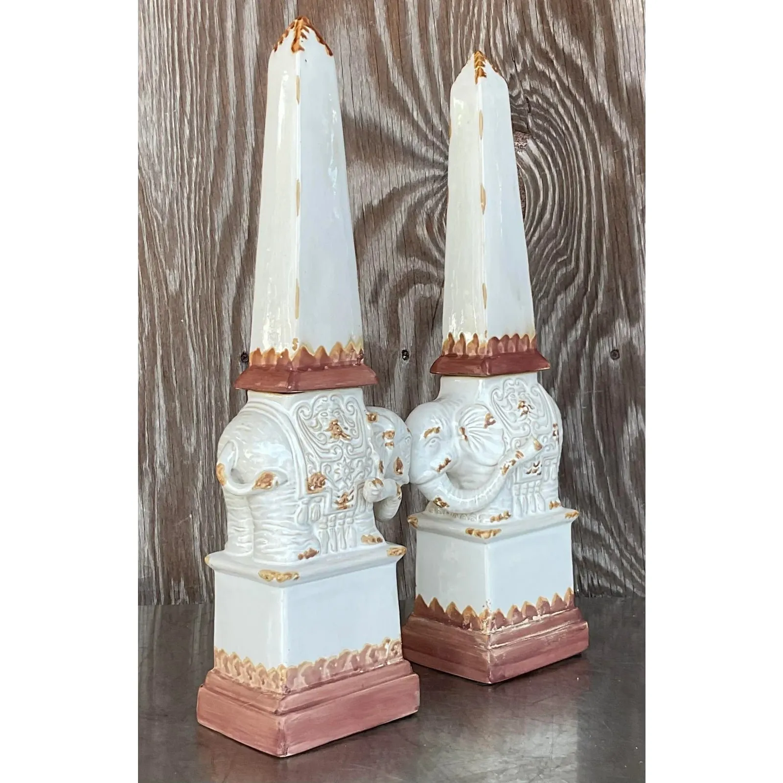 Vintage Boho Glazed Terra Cotta Elephant Obelisks - a Pair — additional photo 1