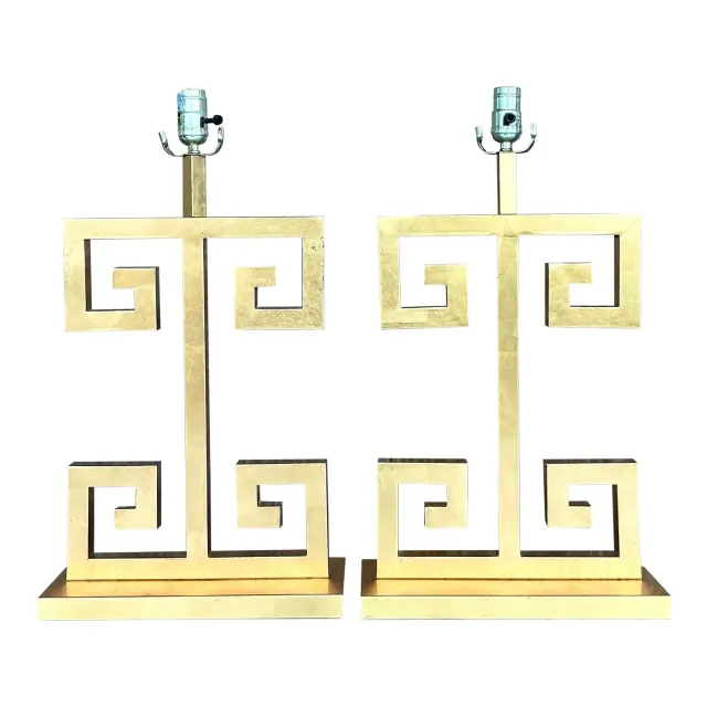 Vintage Boho Greek Key Gilt Lamps - A Pair — additional photo 1