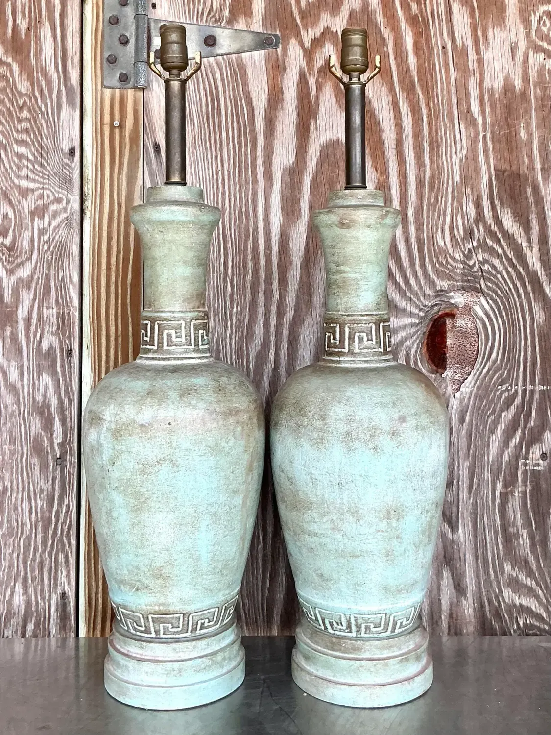 Vintage Boho Greek Key Matte Glazed Ceramic Lamps - a Pair — additional photo 1